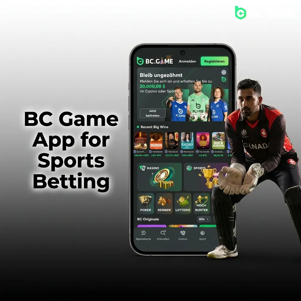 BC Game mobile app interface showing sports betting, live casino, and crypto features for Canadian players on Android and iOS